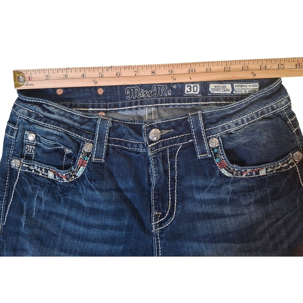 Miss Me Womens Mid Rise Capri Jeans Embroidered Dark Wash MW8161P3 Size 30 - Picture 7 of 11